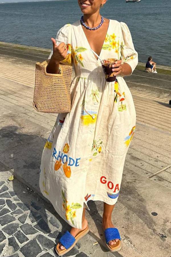 Printet Linned Midi-Kjole