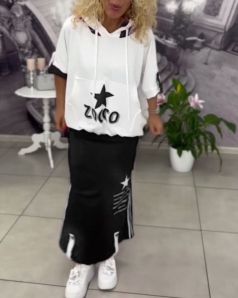 Sæt Med Hætte Snøre Trykt Nederdel