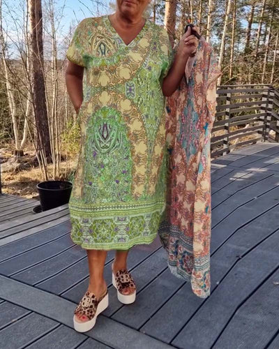 Kjole V-Udskæring Kortærmet Mønstret Lige