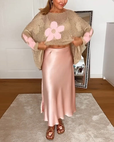 Afslappet blomsteret rundhalset langærmet hultrøje