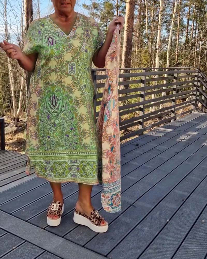 Kjole V-Udskæring Kortærmet Mønstret Lige