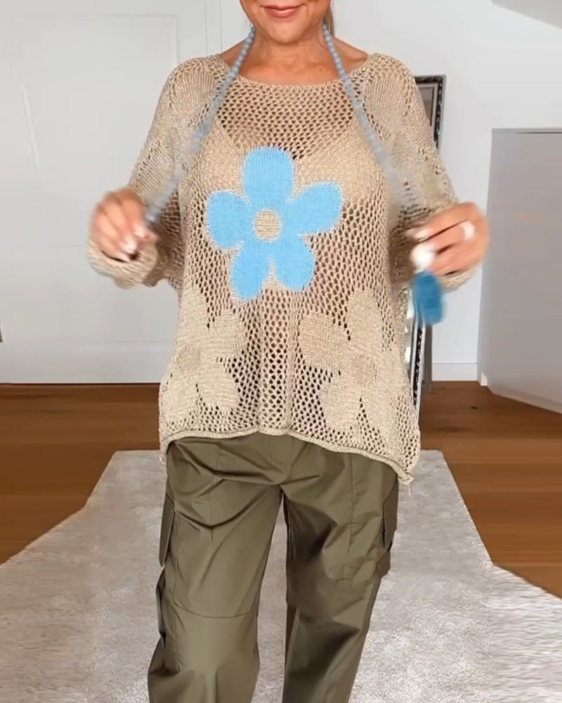 Afslappet blomsteret rundhalset langærmet hultrøje