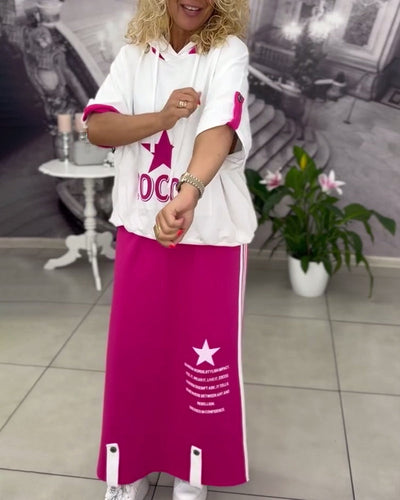 Sæt Med Hætte Snøre Trykt Nederdel