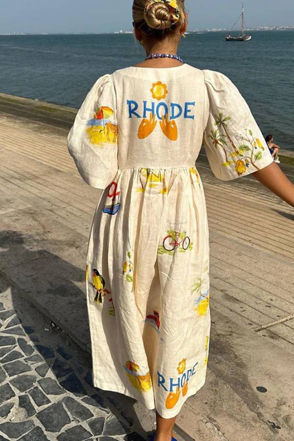 Printet Linned Midi-Kjole