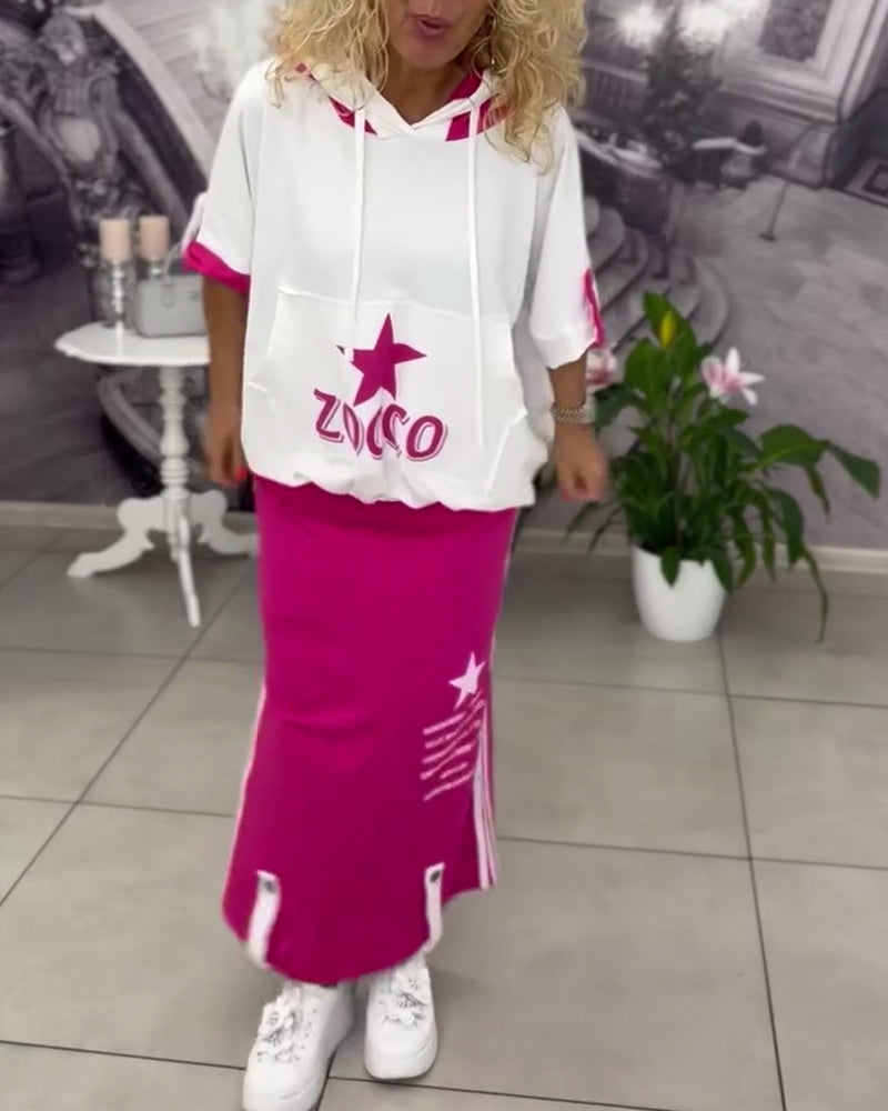 Sæt Med Hætte Snøre Trykt Nederdel