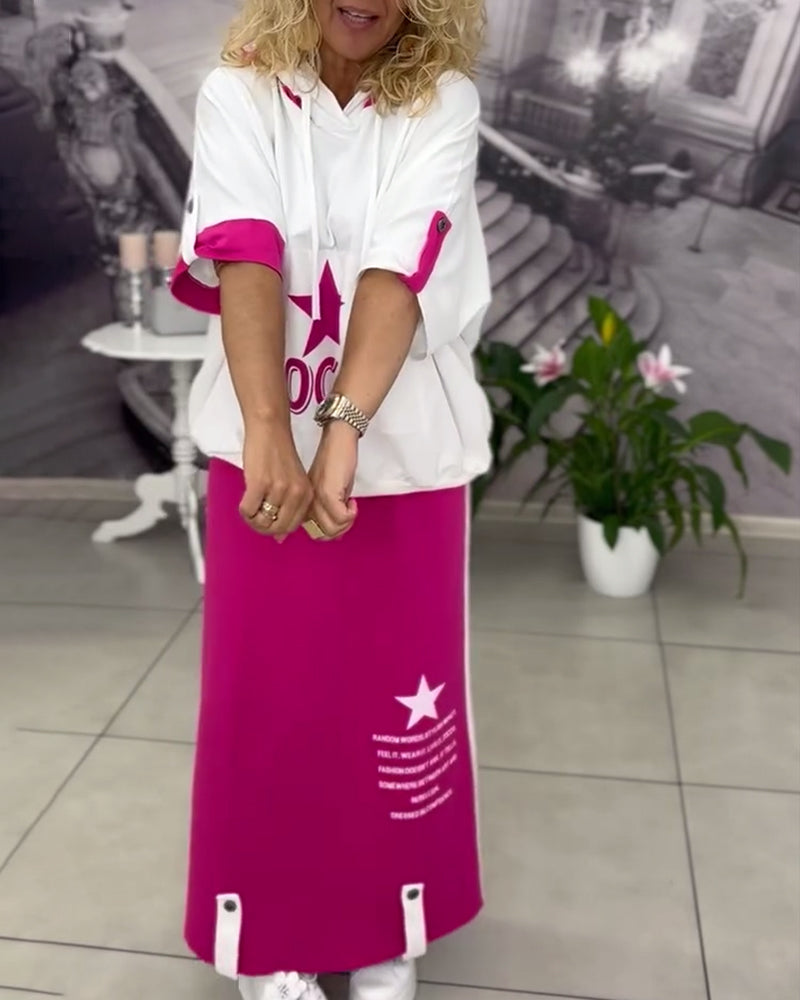 Sæt Med Hætte Snøre Trykt Nederdel