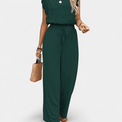 Anne To-delt Outfit Sæt - Elegante lange damebukser med blonde detaljer og matchende top