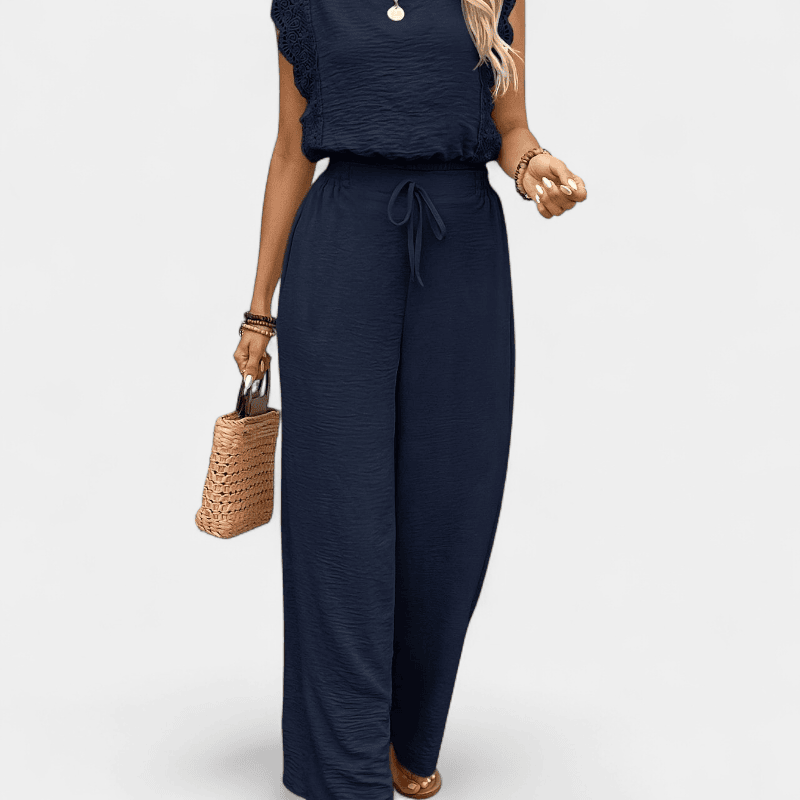 Anne To-delt Outfit Sæt - Elegante lange damebukser med blonde detaljer og matchende top