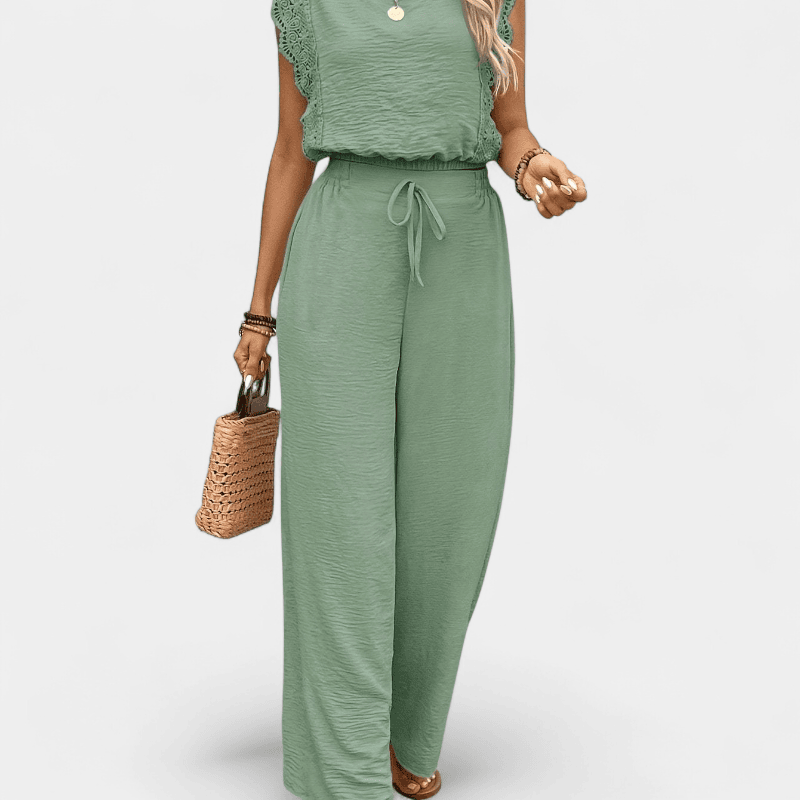 Anne To-delt Outfit Sæt - Elegante lange damebukser med blonde detaljer og matchende top