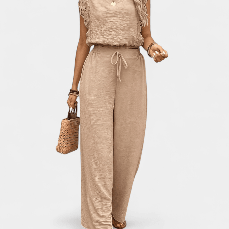 Anne To-delt Outfit Sæt - Elegante lange damebukser med blonde detaljer og matchende top