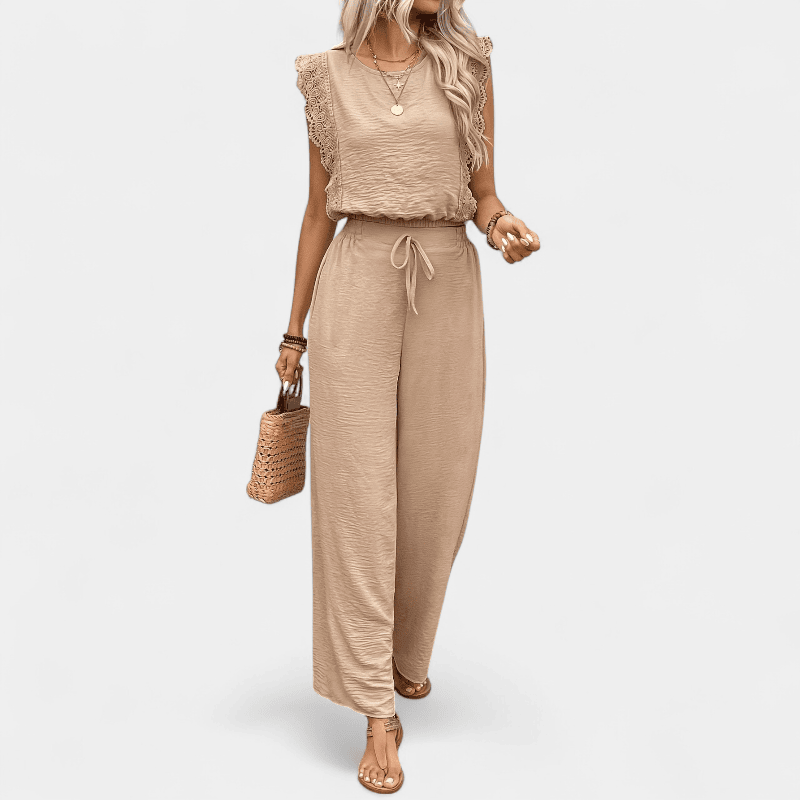 Anne To-delt Outfit Sæt - Elegante lange damebukser med blonde detaljer og matchende top