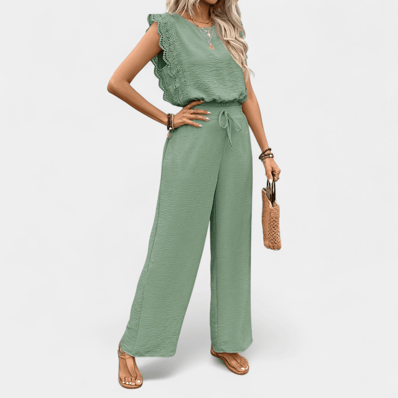 Anne To-delt Outfit Sæt - Elegante lange damebukser med blonde detaljer og matchende top