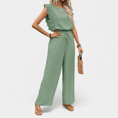 Anne To-delt Outfit Sæt - Elegante lange damebukser med blonde detaljer og matchende top