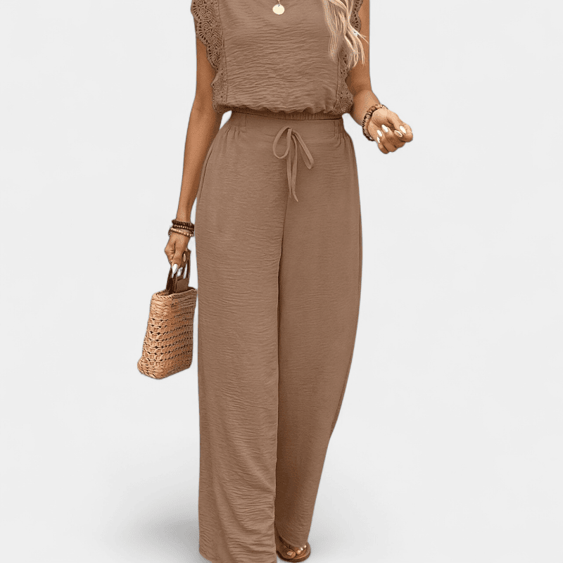 Anne To-delt Outfit Sæt - Elegante lange damebukser med blonde detaljer og matchende top