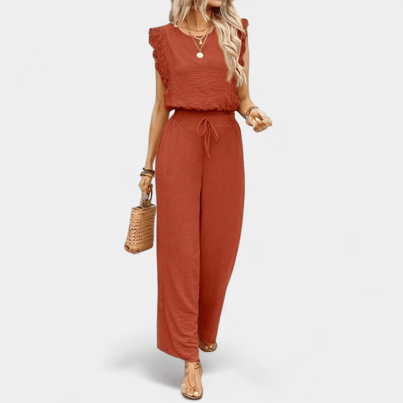 Anne To-delt Outfit Sæt - Elegante lange damebukser med blonde detaljer og matchende top