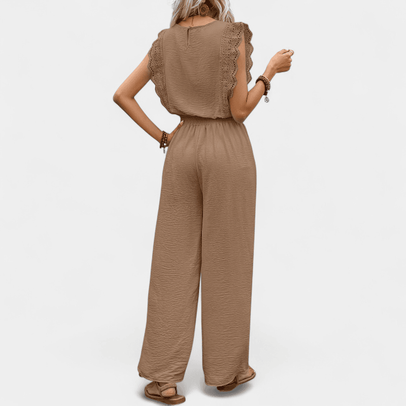 Anne To-delt Outfit Sæt - Elegante lange damebukser med blonde detaljer og matchende top