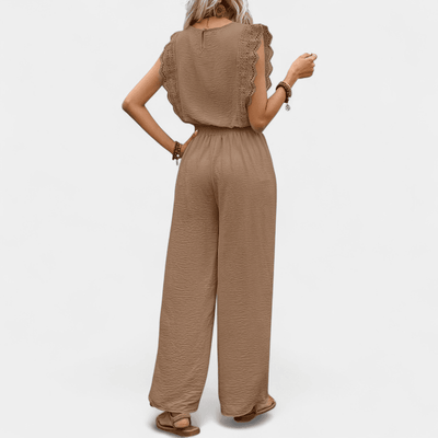 Anne To-delt Outfit Sæt - Elegante lange damebukser med blonde detaljer og matchende top