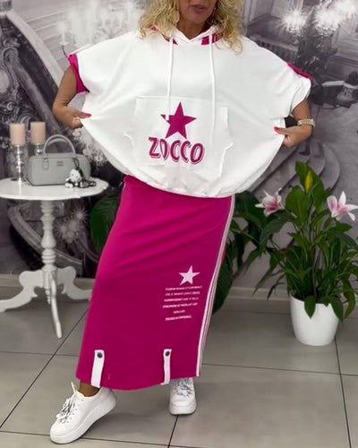 Sæt Med Hætte Snøre Trykt Nederdel