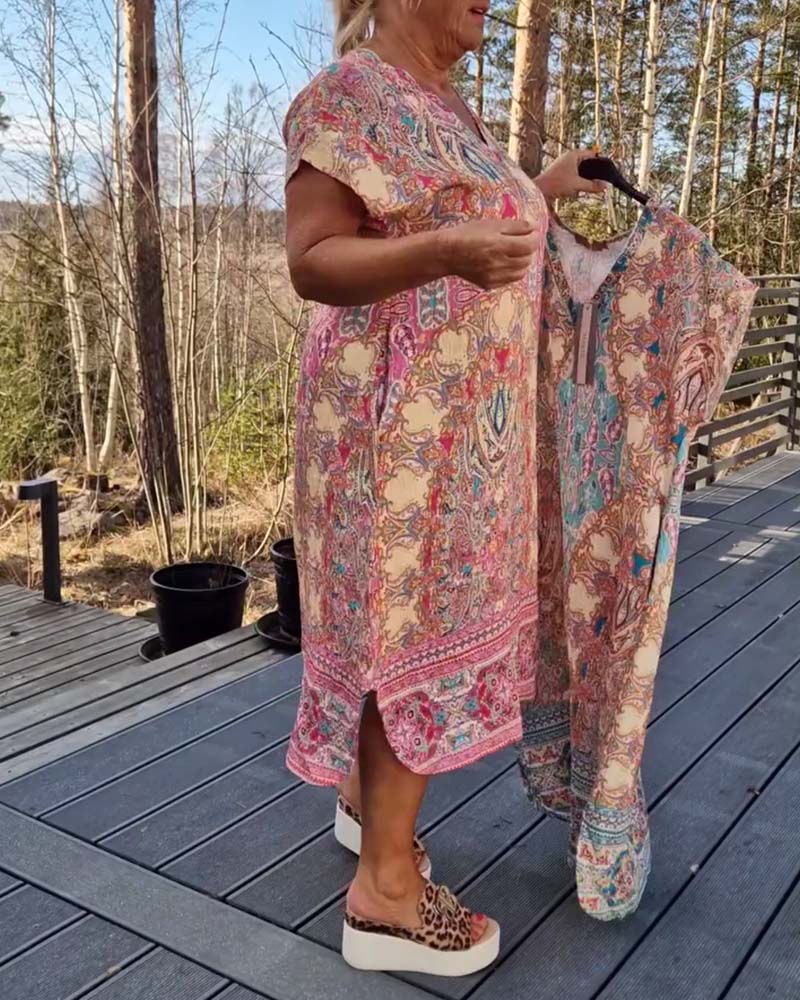 Kjole V-Udskæring Kortærmet Mønstret Lige