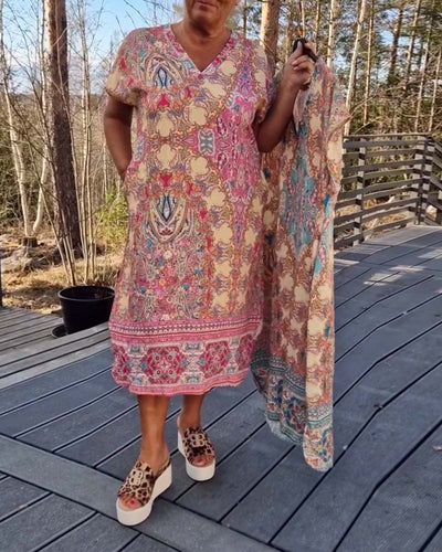 Kjole V-Udskæring Kortærmet Mønstret Lige